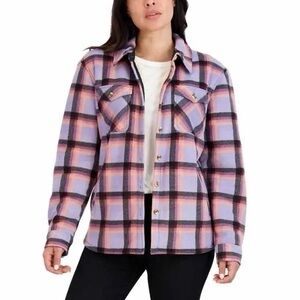 Sage - Long Sleeve Plaid Plush Sherpa Lined Fleece Shirt Jacket, Purple, Small